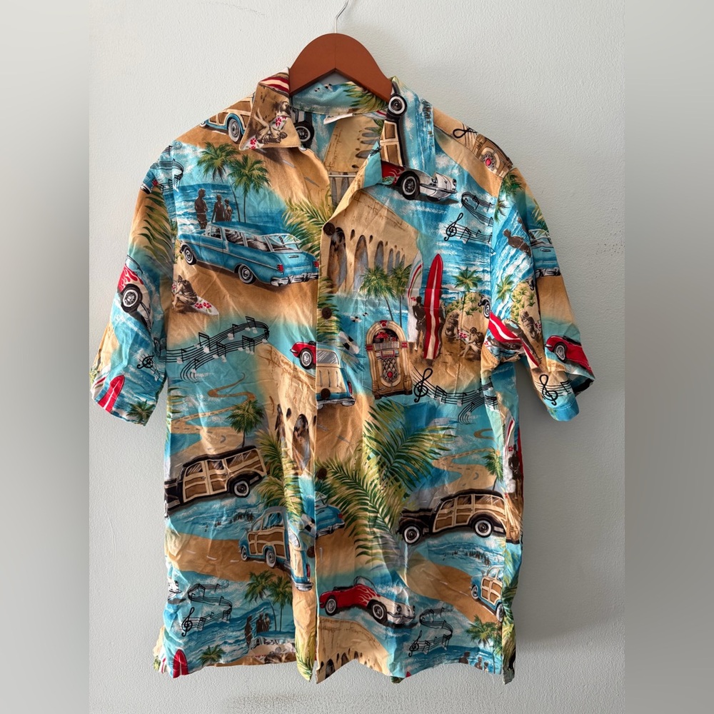 Go Barefoot Mens Hawaiian Shirt Vintage Woody Car Surf Beach Blue Large L‎